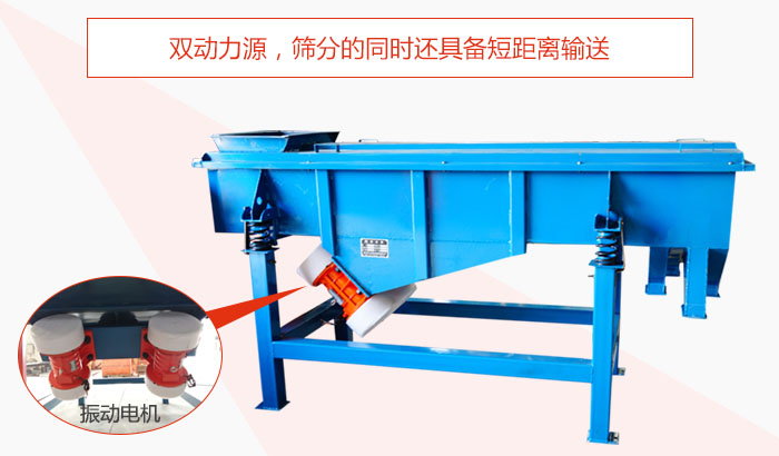 方形振動(dòng)篩雙動(dòng)力源，篩分的同時(shí)還具備短距離輸送。
