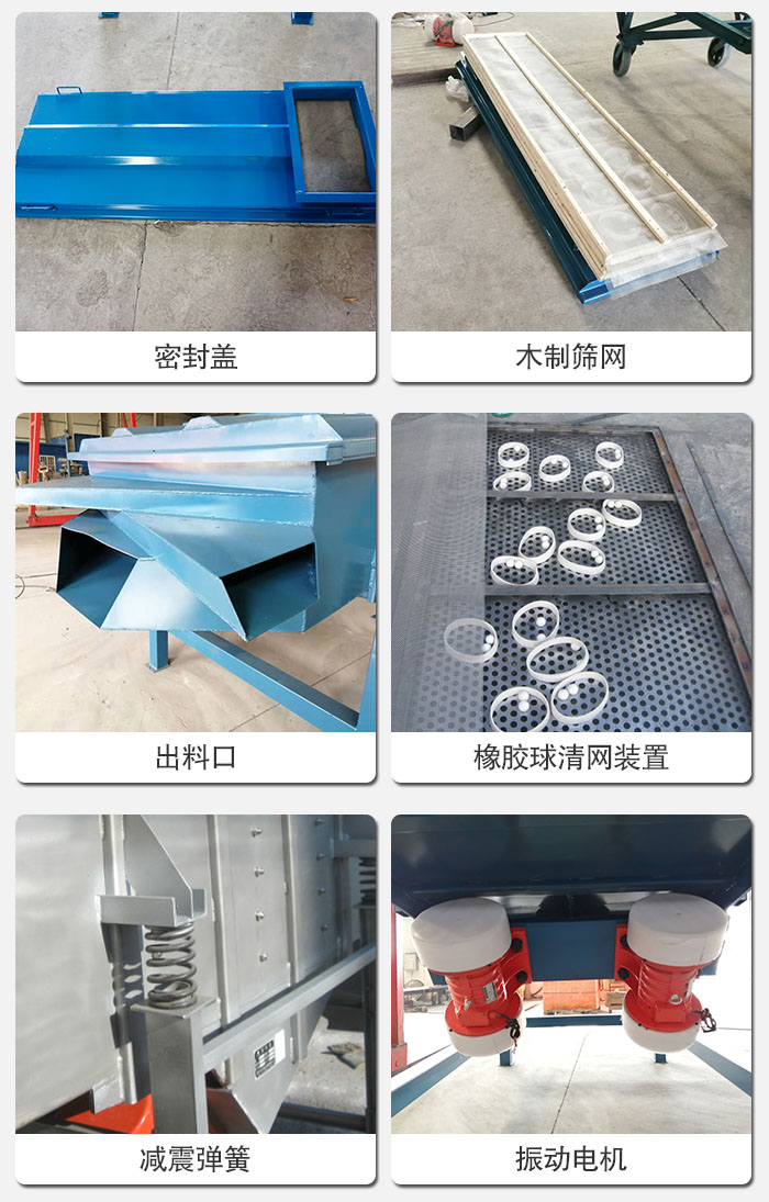 直線篩結構展示：篩網，篩箱，振動電機，振動電機座，減震彈簧，支架等部件展示圖