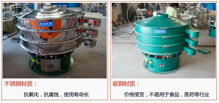 800型振動篩有不銹鋼和碳鋼兩種材質，不銹鋼材質：抗氧化，抗腐蝕，使用壽命長 碳鋼材質：價格便宜，不易篩分食品，化工，醫藥等行業的物料。