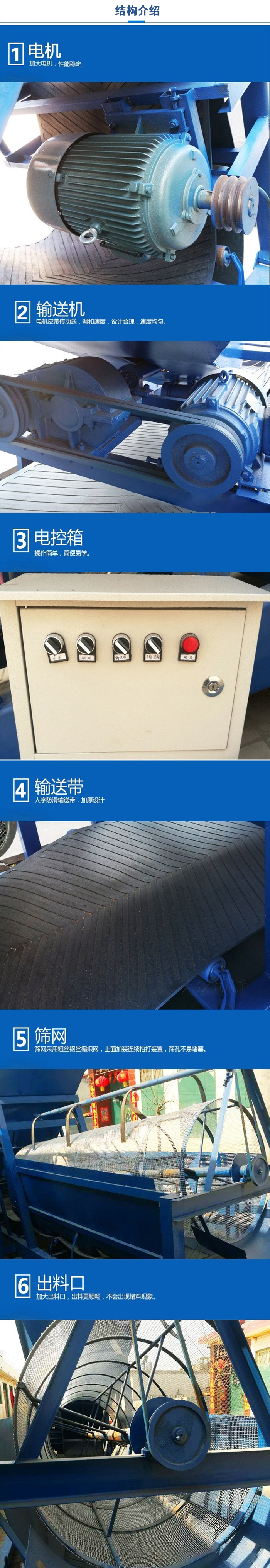 移動篩沙機結構:電機，加大電機，性能相對比較穩定。輸送機：電機皮帶傳動送，調和速度，設計合理，速度均勻。電控箱：操作簡單，簡便易學。輸送帶：人字防滑輸送帶，加厚設計。篩網，采用粗絲鋼絲編織而成的篩網，上面加裝連續拍打裝置，篩孔不易堵塞。出料口：加大出料口，出料更順暢，不會出現堵料現象。
